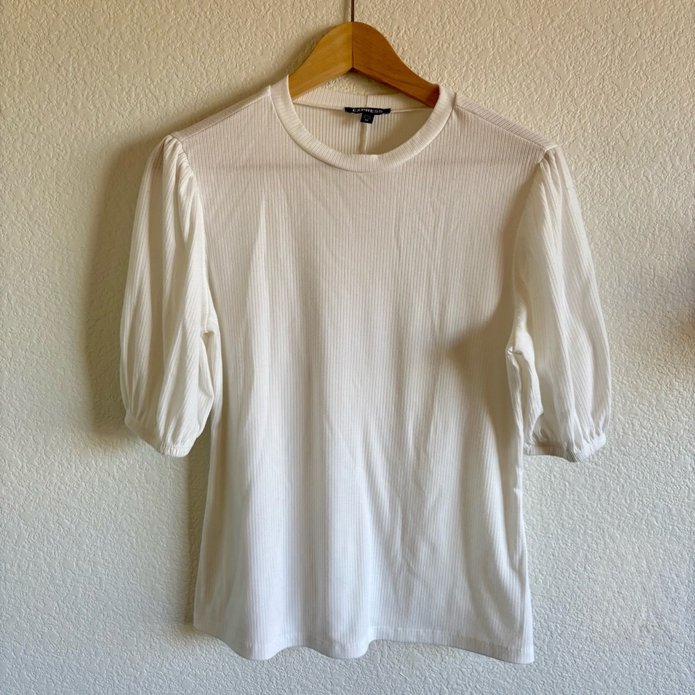 Express Ribbed Crew Neck Puff Sleeve Top